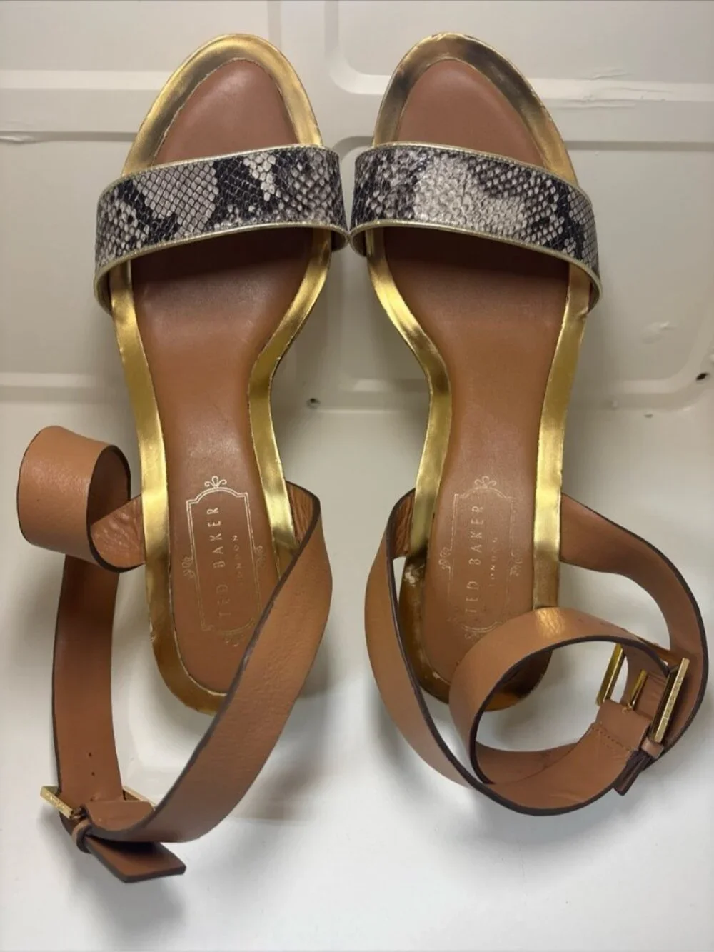 Ted Baker Gold-Platform Wedge with Brown Ankle Strap and Snake-Print Toe